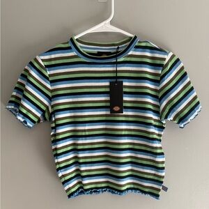 Dickies Womans Striped Blue Green Ruffled Short Sleeves Baby T Shirt Sm New Y2K